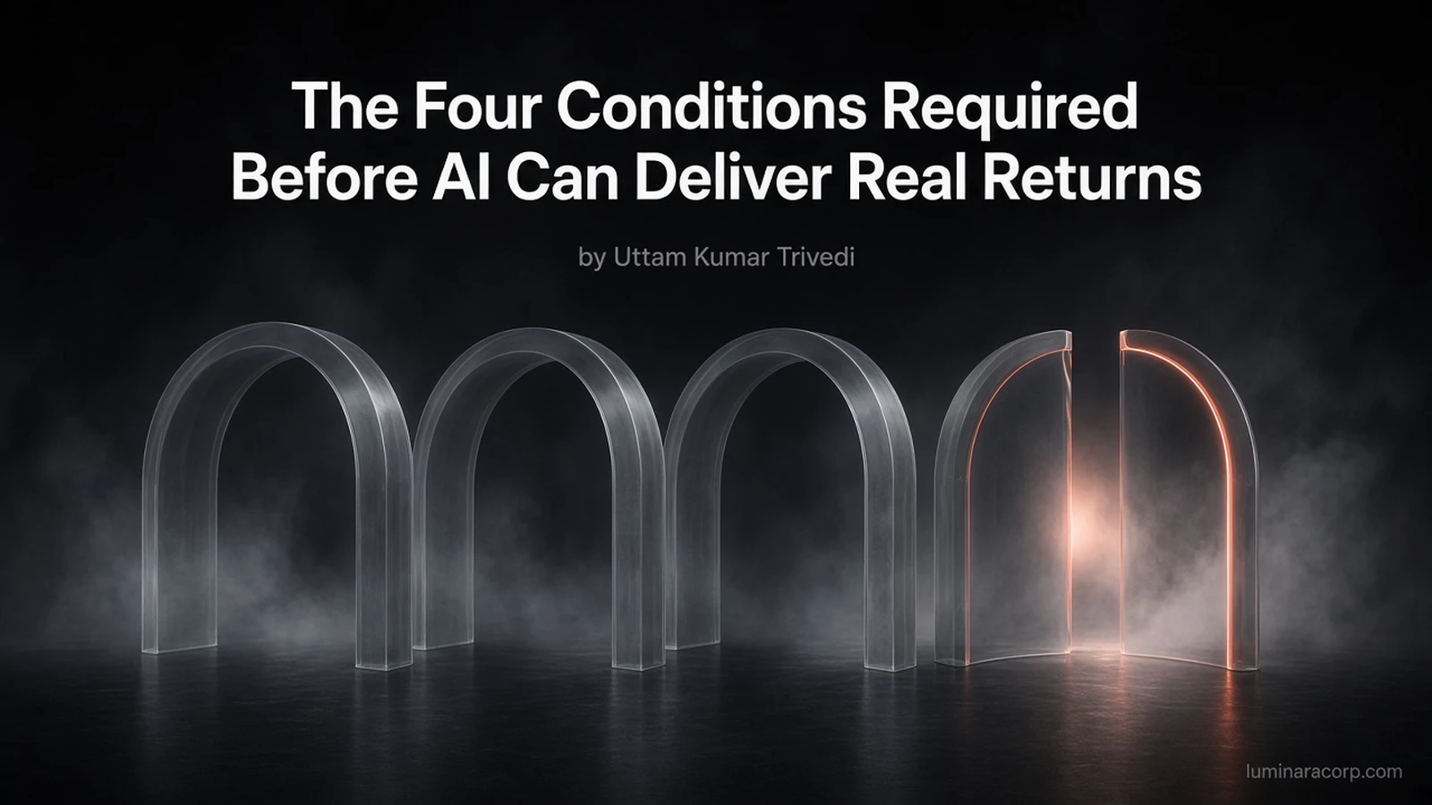 Four translucent glass arches on a fogged dark floor, the fourth split with a coral filament of light, titled The Four Conditions Required Before AI Can Deliver Real Returns by Uttam Kumar Trivedi